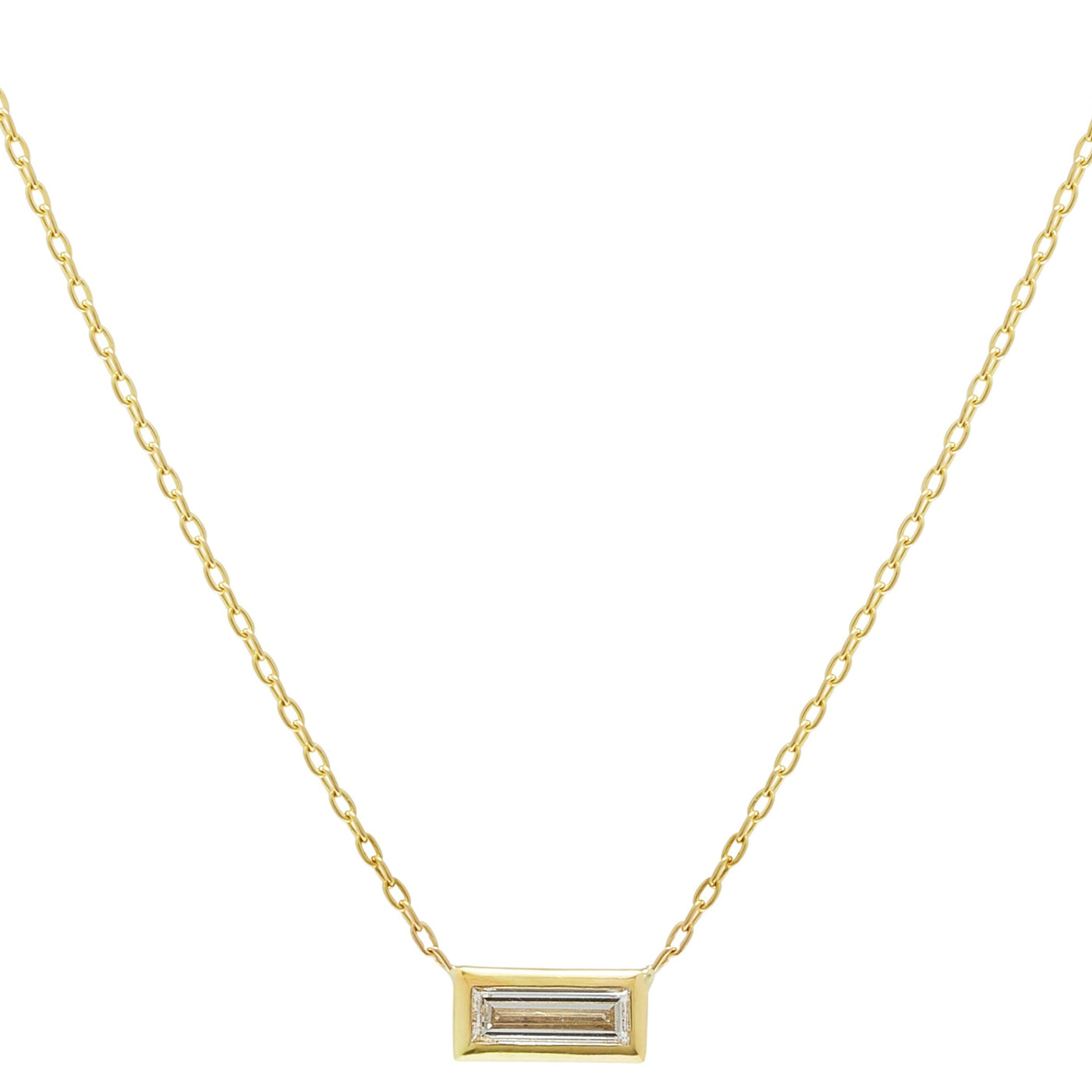18k gold necklace with long baguette diamond