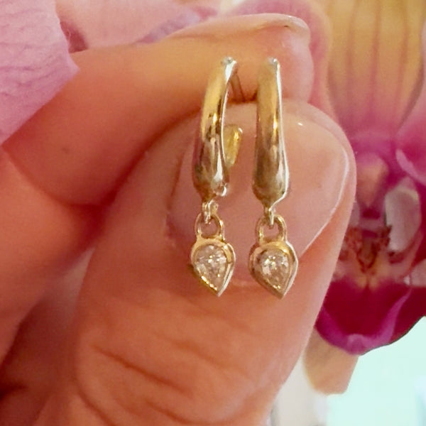 huggies with pear diamond dangles